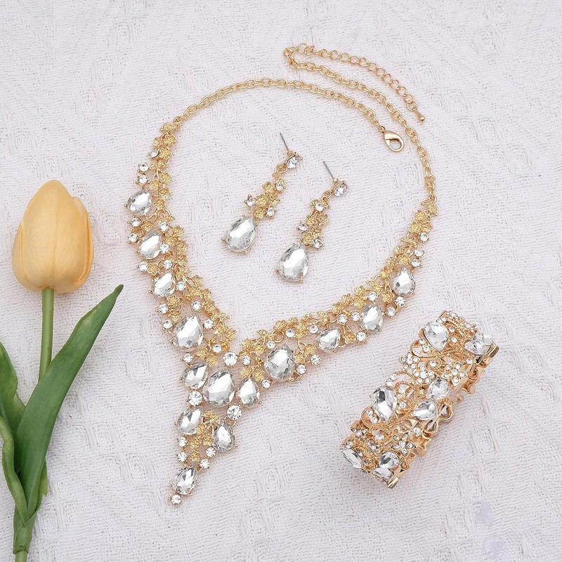 CSY Elegant Crystal Costume Jewelry Sets Flower Bridal Necklace Earrings Stretch Bangle Set for Bride Bridesmaid Wedding Dress Accessories - Image 3